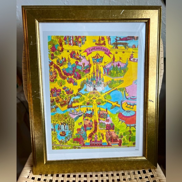 Framed Fantasyland Disneyland Map Art Print Illustration Gold IKEA Virserum - Picture 1 of 8